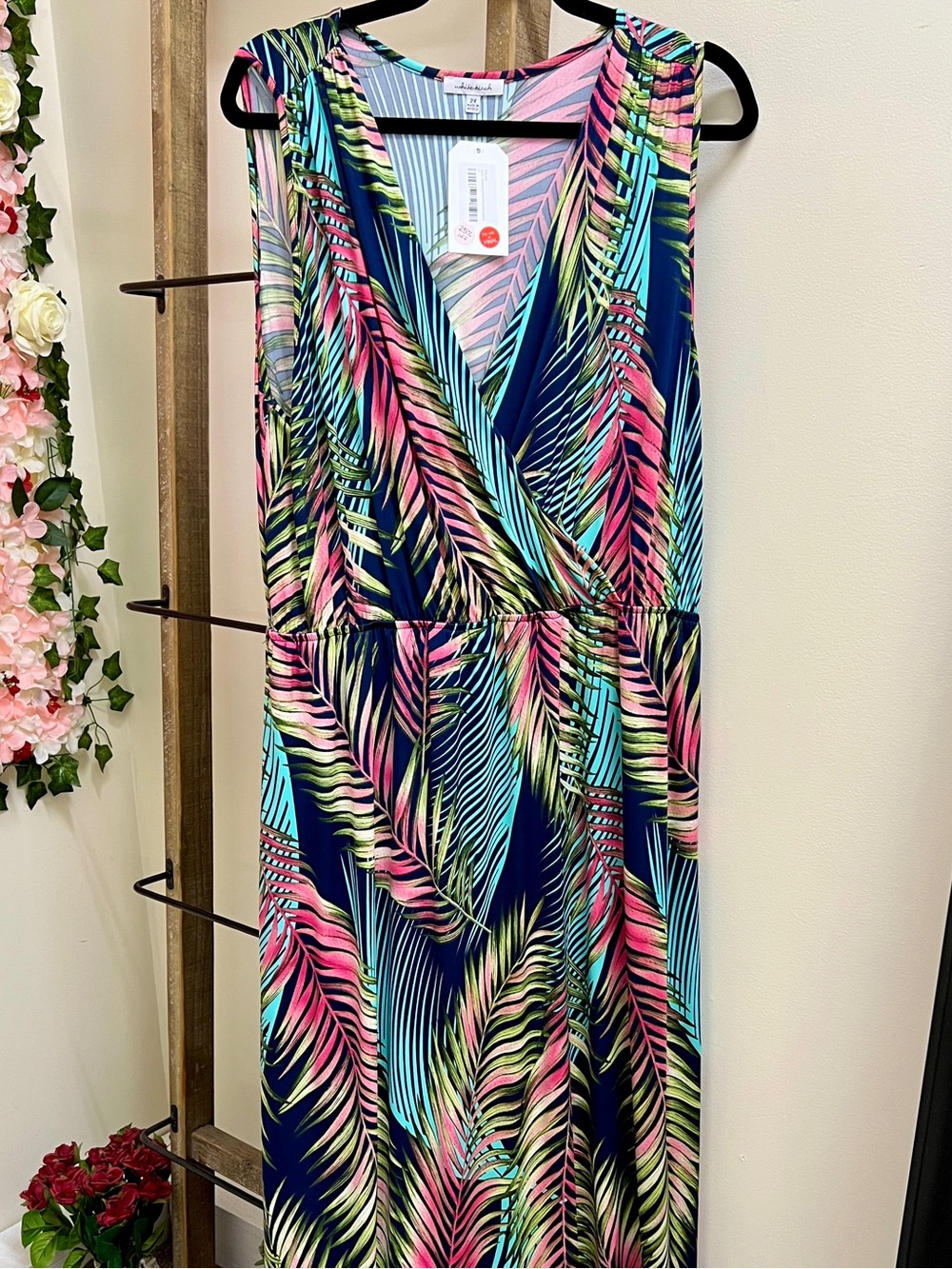 white birch Navy Tropical Leaf Print Maxi Dress